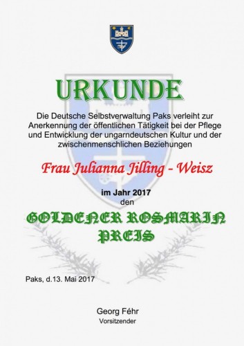 Julianna Jilling-Weisz erhielt 2017 den Goldenen Rosmarin Preis Arany Rozmaring Díj 2017_2