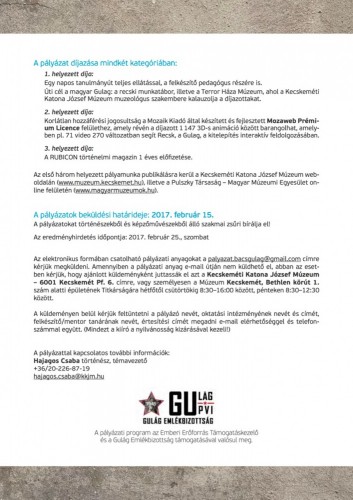 A Kecskeméti Katona József Múzeum pályázatot hirdet a Bács-Kiskun megyei középiskolák diákjai számára. kkjm_palyazat_170109_gulag1